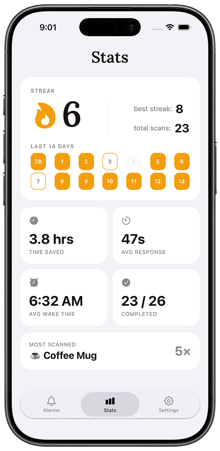 1% Alarm stats showing a 6-day streak and wake-up insights